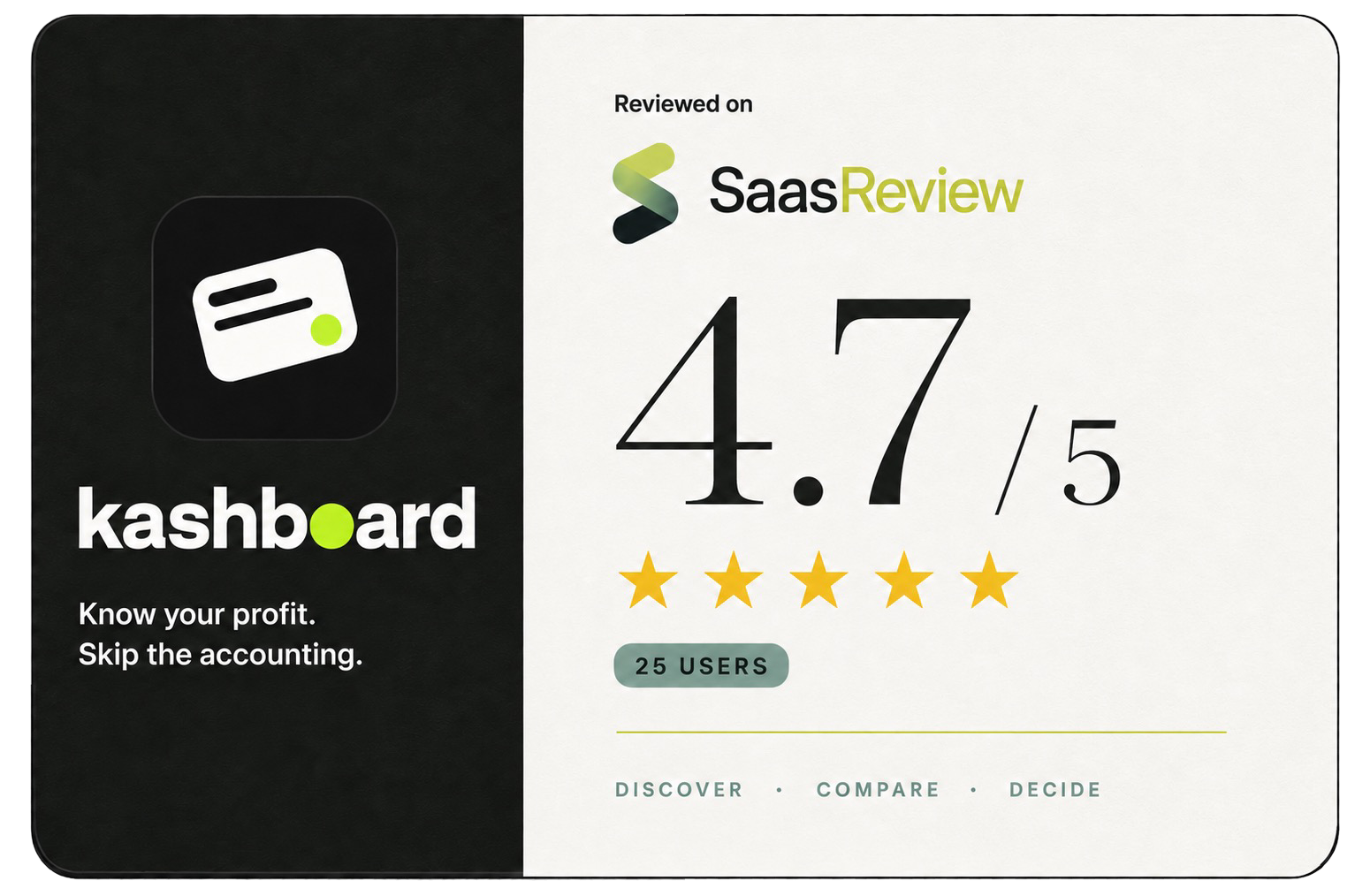 Kashboard rated 4.7 out of 5 by 25 users on SaasReview